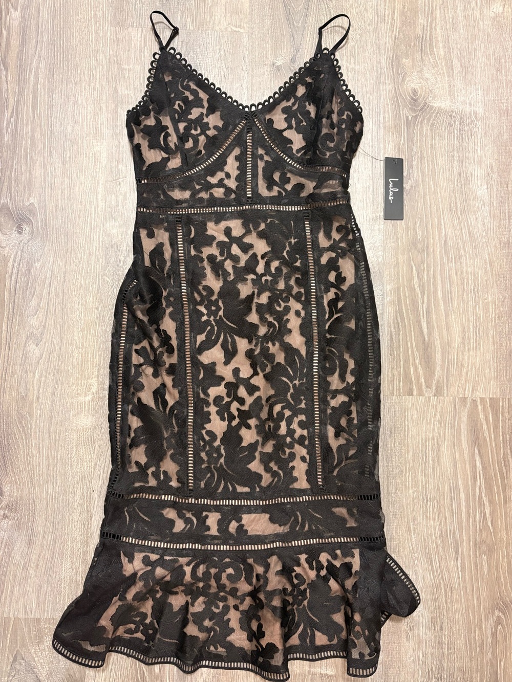 Lulu's Black Lace Midi Dress with Nude Lining